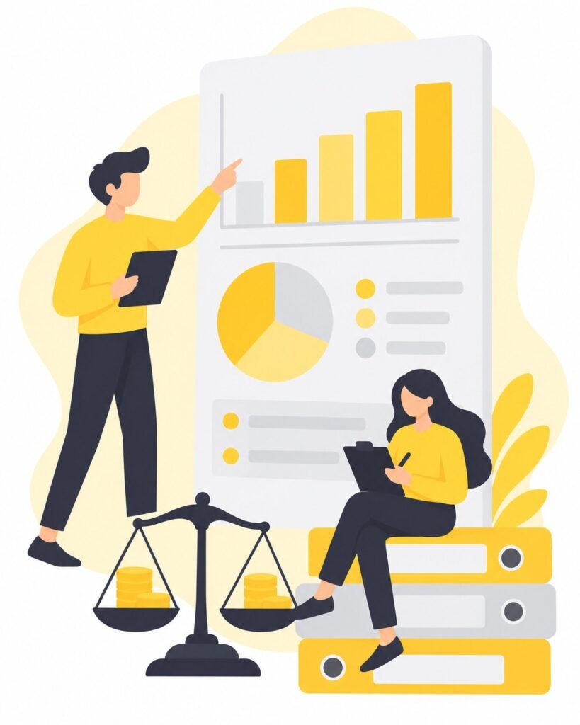Illustration of an accountant presenting financial charts while a colleague reviews records on a stack of binders