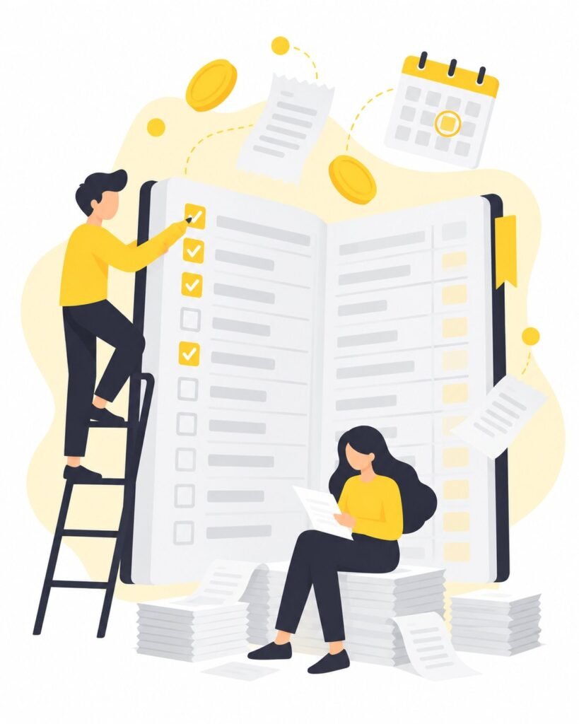 Illustration of a bookkeeper ticking off entries in a large ledger while a colleague sorts receipts