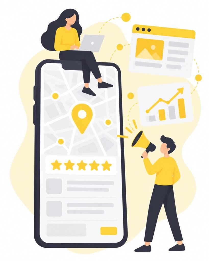Illustration of a local business listing on a phone with a map pin and five-star rating, promoted with a megaphone