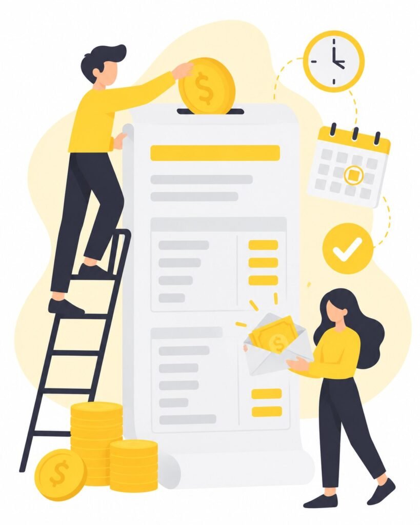 Illustration of a payslip being funded with a coin while an employee receives her pay