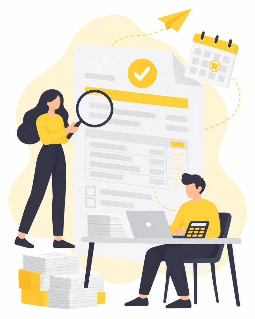 Illustration of a tax form being reviewed with a magnifying glass while a preparer works at a laptop