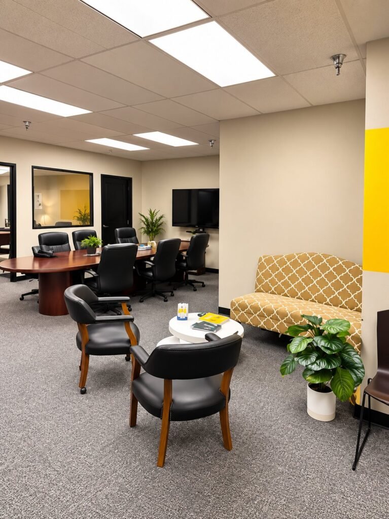 Nuage Digital office in Campbell with a meeting table, lounge seating and the yellow brand wall