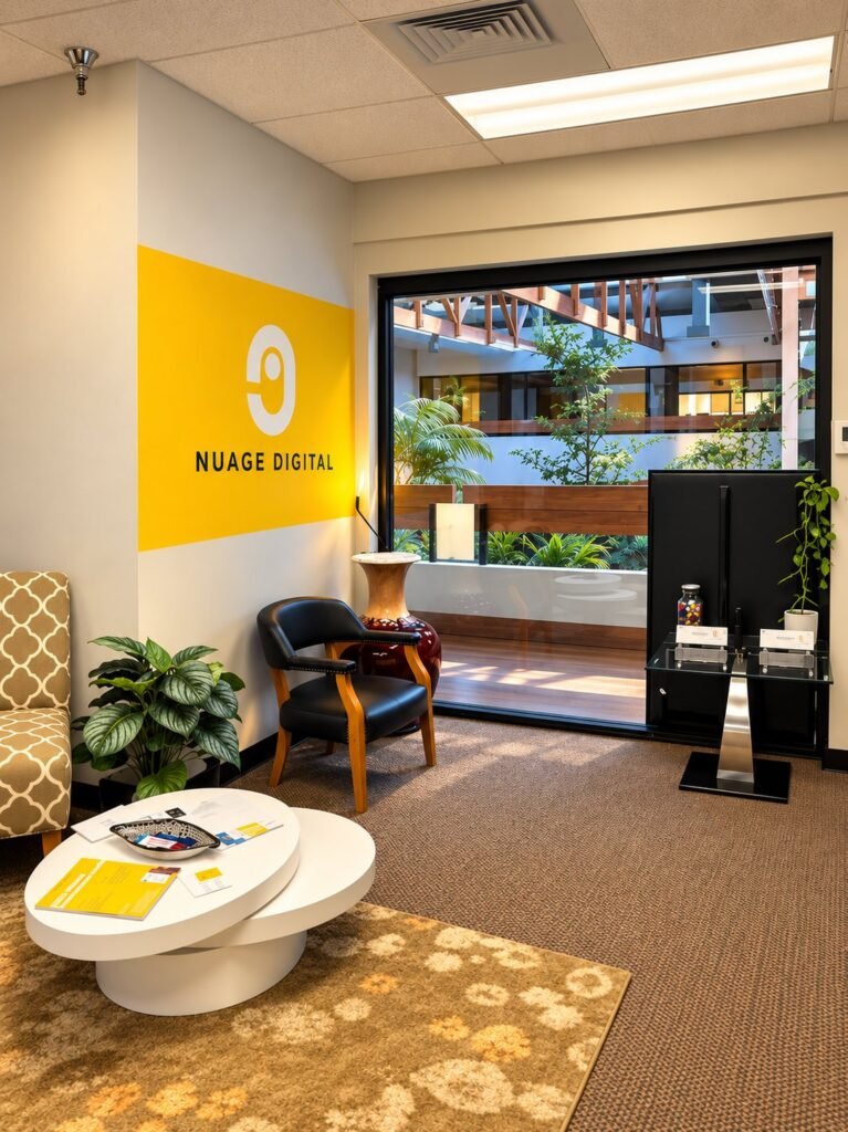 Nuage Digital office reception with the yellow brand wall, seating and a window onto the atrium