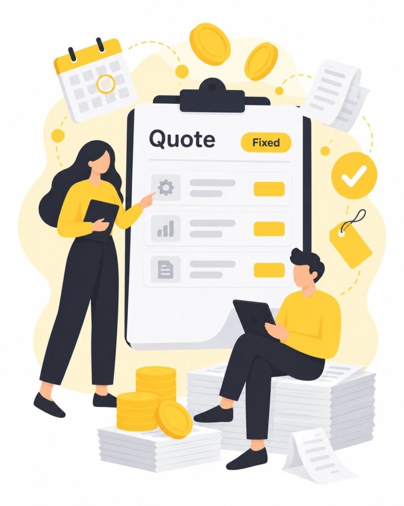 Illustration of an accountant walking a business owner through a fixed monthly quote